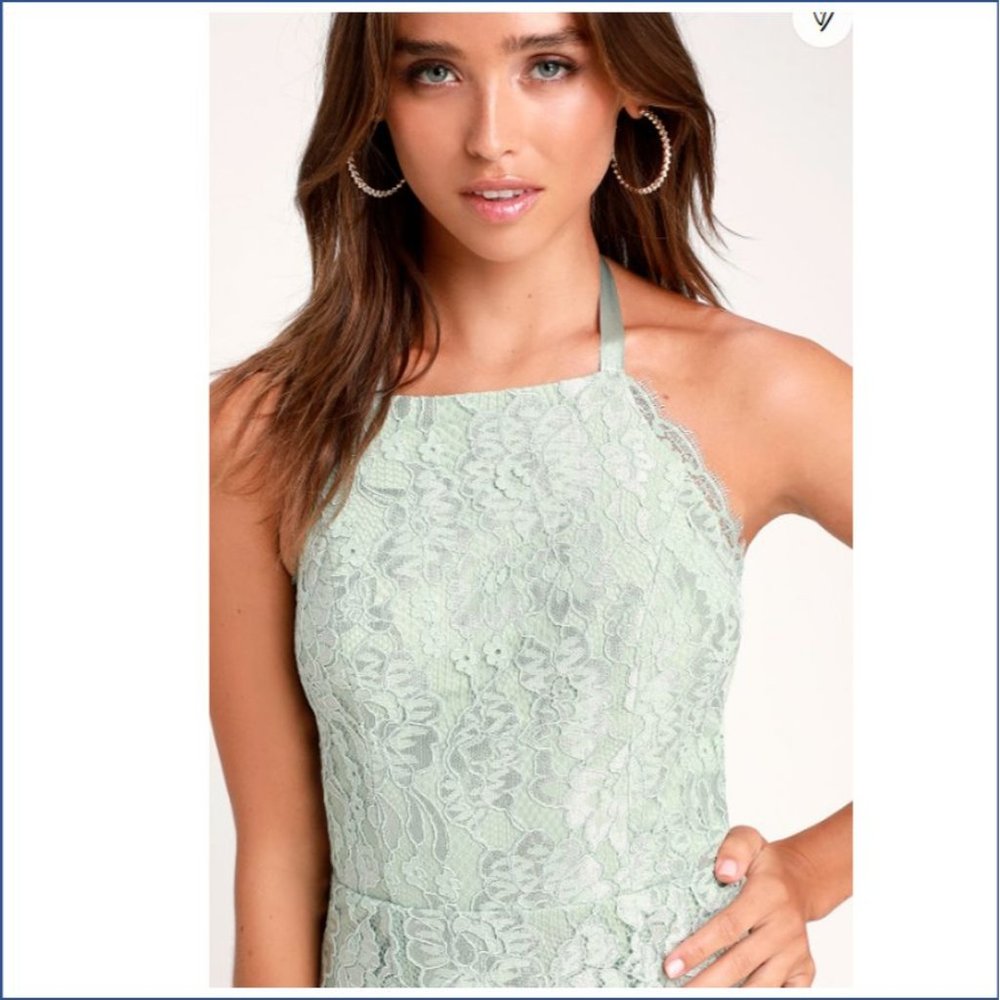Lulu's Maxi Dress Gown sz  M Lace Green Sage Halter Every Memory Prom Mermaid - Picture 2 of 11